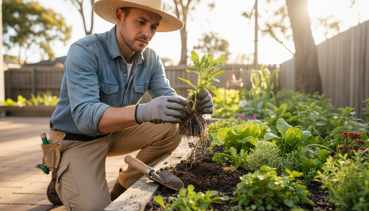 Gardener kneeling beside a raised garden bed examining soil and plant roots during soil health diagnosis